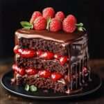 Gâteau chocolat framboise avec glaçage brillant et framboises fraîches