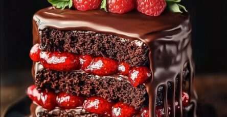 Gâteau chocolat framboise avec glaçage brillant et framboises fraîches