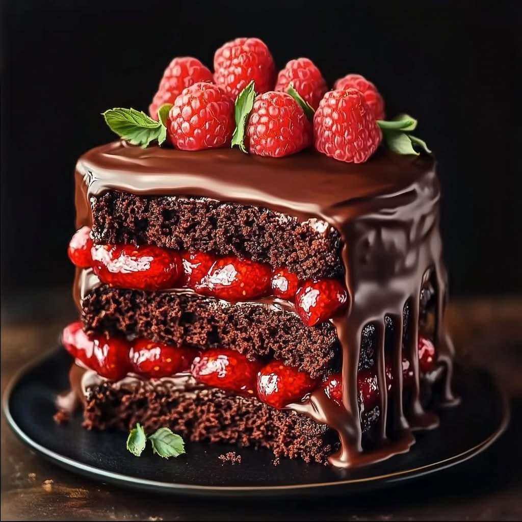 Gâteau chocolat framboise avec glaçage brillant et framboises fraîches