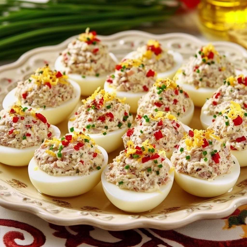 Œufs farcis au thon décorés de poivron rouge et ciboulette