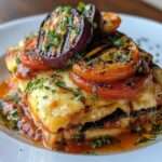 Lasagnes aux légumes grillés dans un plat gratiné, avec fromage fondu et légumes rôtis visibles