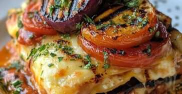 Lasagnes aux légumes grillés dans un plat gratiné, avec fromage fondu et légumes rôtis visibles