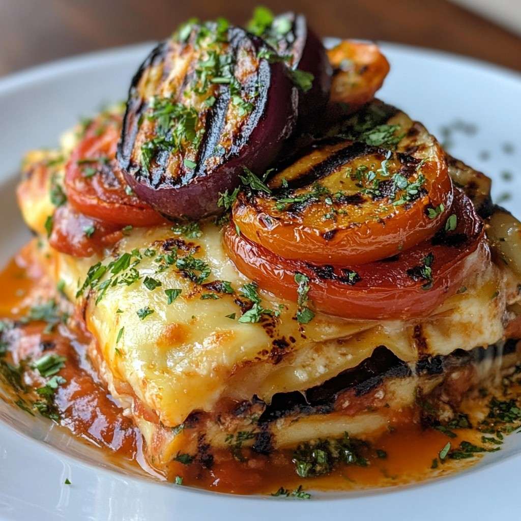 Lasagnes aux légumes grillés dans un plat gratiné, avec fromage fondu et légumes rôtis visibles