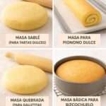 Cuatro tipos de masas básicas caseras sobre una mesa con utensilios