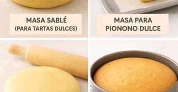 Cuatro tipos de masas básicas caseras sobre una mesa con utensilios