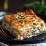 Lasagnes au saumon et poireaux gratinées dans un plat avec une croûte dorée de fromage fondu