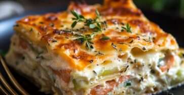 Lasagnes au saumon et poireaux gratinées dans un plat avec une croûte dorée de fromage fondu