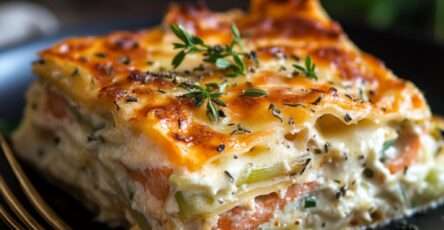 Lasagnes au saumon et poireaux gratinées dans un plat avec une croûte dorée de fromage fondu