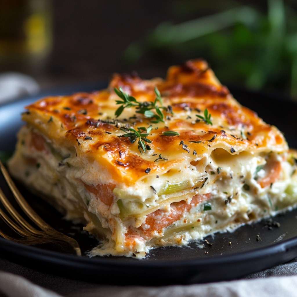 Lasagnes au saumon et poireaux gratinées dans un plat avec une croûte dorée de fromage fondu