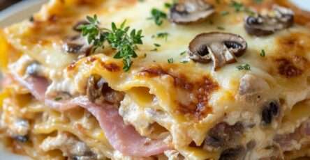 Lasagnes gratinées aux champignons, jambon et fromage dans un plat de cuisson
