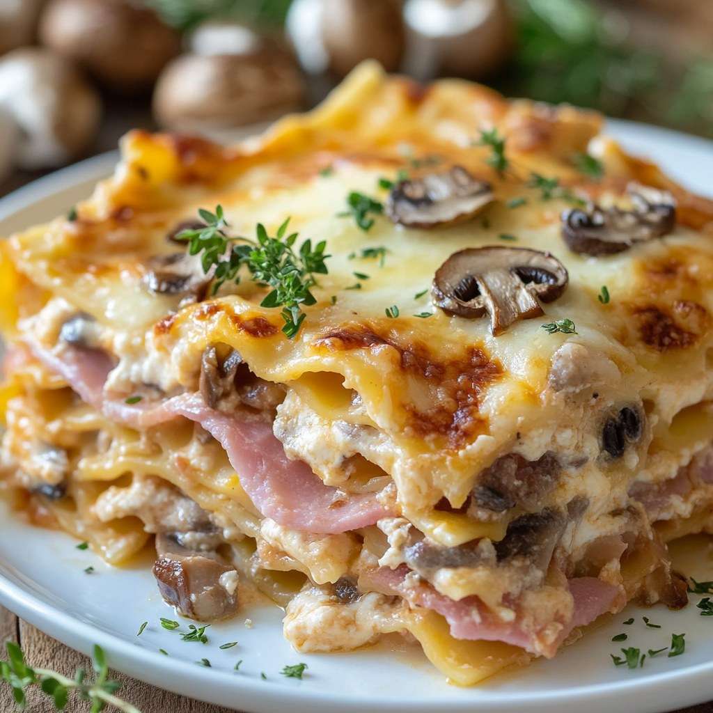 Lasagnes gratinées aux champignons, jambon et fromage dans un plat de cuisson