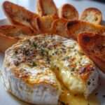 Camembert cuit au miel épicé et thym, servi chaud avec tranches de baguette grillée