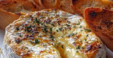 Camembert cuit au miel épicé et thym, servi chaud avec tranches de baguette grillée