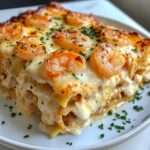 Lasagnes aux crevettes au beurre à l’ail dorées avec fromage fondu et persil frais