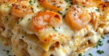 Lasagnes aux crevettes au beurre à l’ail dorées avec fromage fondu et persil frais
