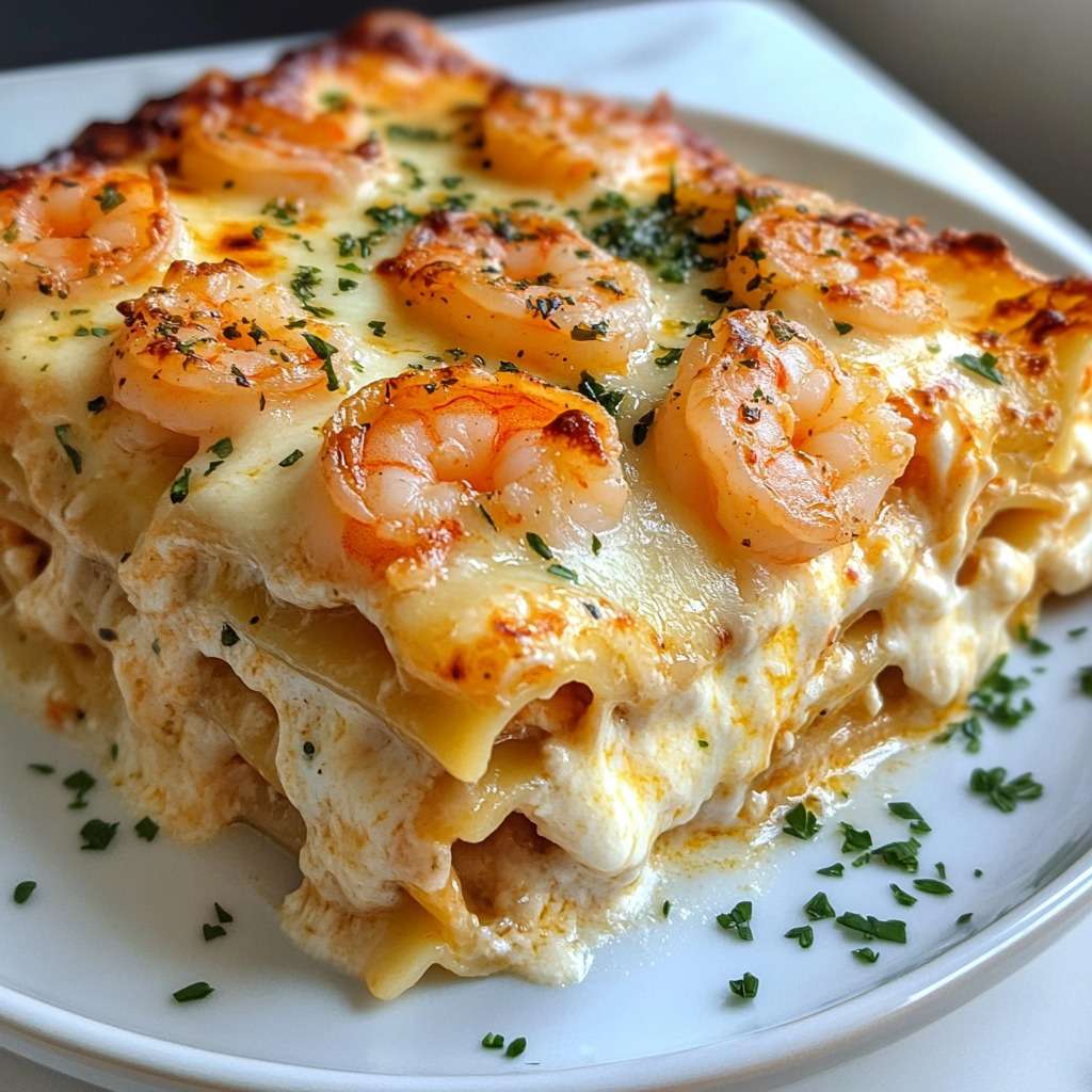 Lasagnes aux crevettes au beurre à l’ail dorées avec fromage fondu et persil frais