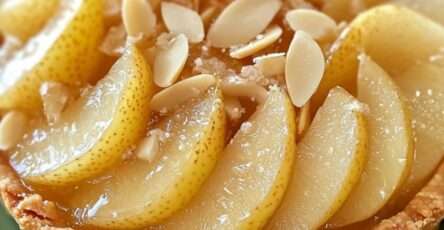 Tarte poires amandes gourmande dorée et décorée d’amandes effilées