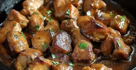 cubes de porc caramélisés à la bière brune dans une cocotte