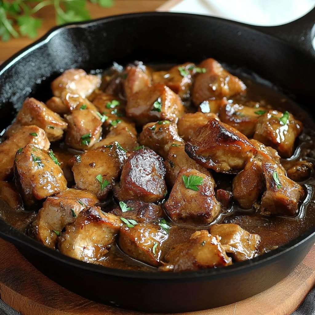 cubes de porc caramélisés à la bière brune dans une cocotte
