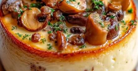 Cake salé moelleux aux champignons, comté et noisettes, tranché et prêt à servir