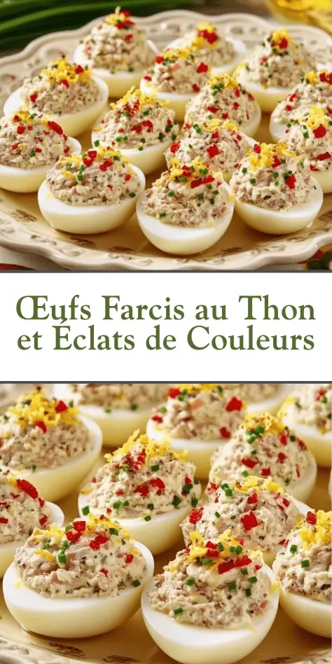 Œufs farcis au thon décorés de poivron rouge et ciboulette