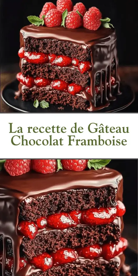 Gâteau chocolat framboise avec glaçage brillant et framboises fraîches