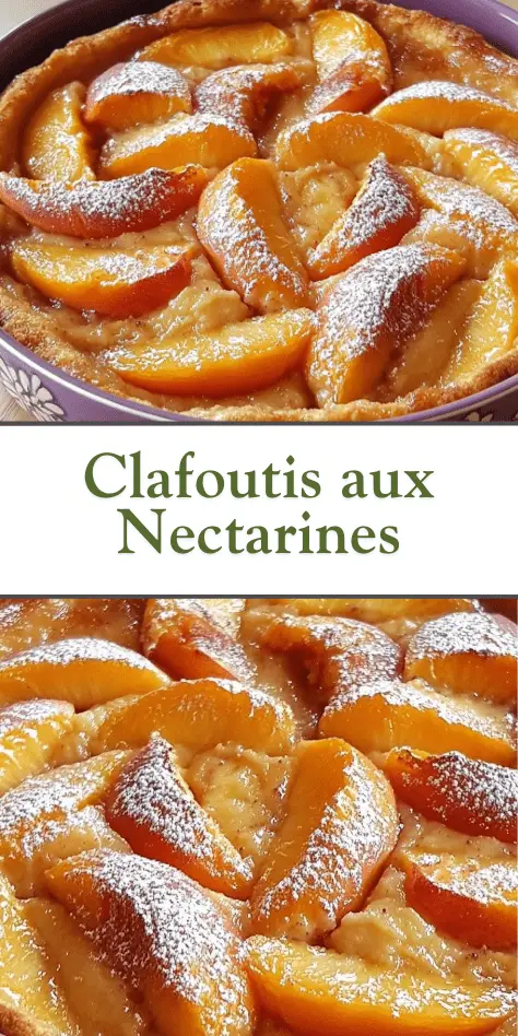 Clafoutis aux nectarines doré dans un plat rond avec quartiers de fruits visibles