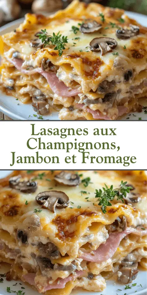 Lasagnes gratinées aux champignons, jambon et fromage dans un plat de cuisson