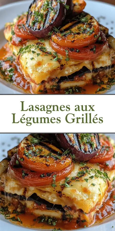 Lasagnes aux légumes grillés dans un plat gratiné, avec fromage fondu et légumes rôtis visibles