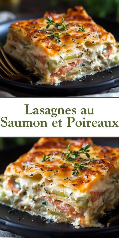 Lasagnes au saumon et poireaux gratinées dans un plat avec une croûte dorée de fromage fondu