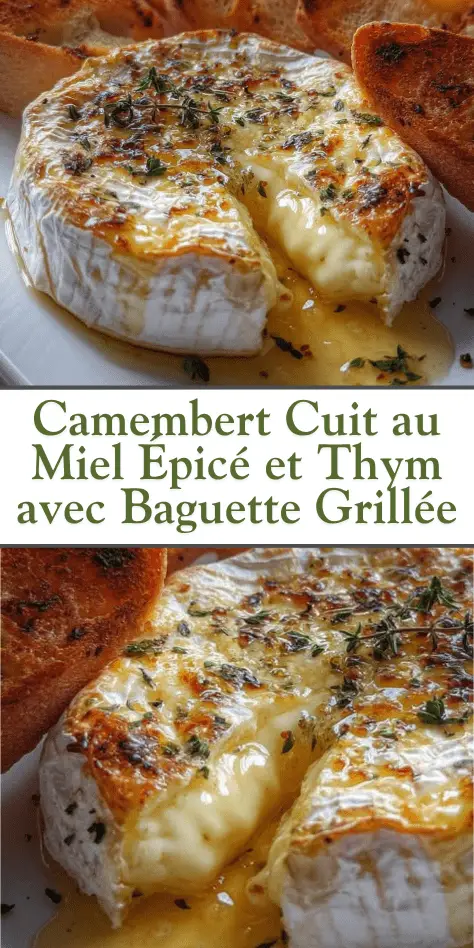 Camembert cuit au miel épicé et thym, servi chaud avec tranches de baguette grillée