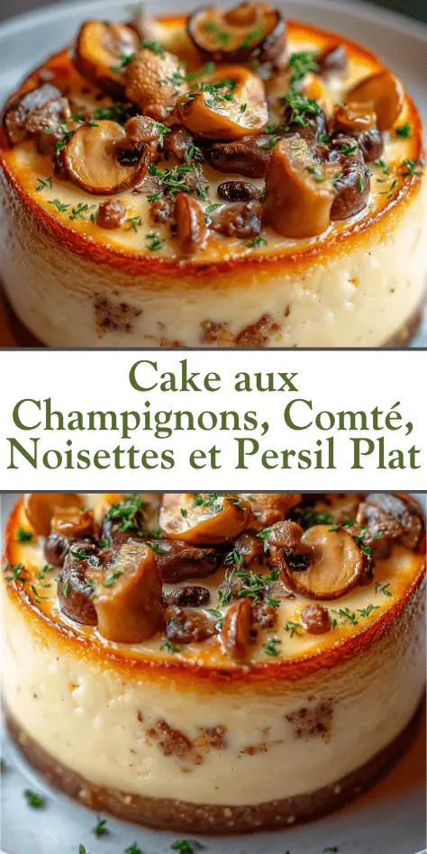 Cake salé moelleux aux champignons, comté et noisettes, tranché et prêt à servir