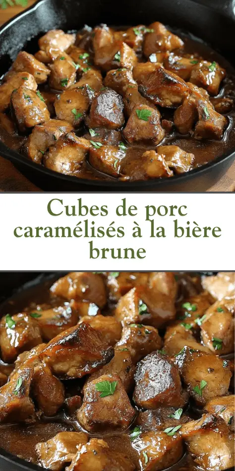 cubes de porc caramélisés à la bière brune dans une cocotte