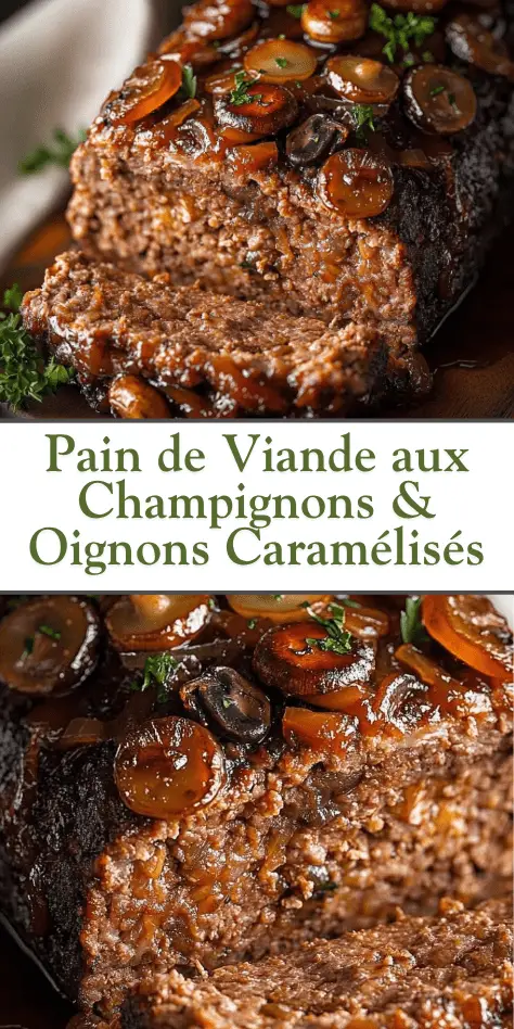 pain de viande aux champignons et oignons caramélisés dans un plat en céramique