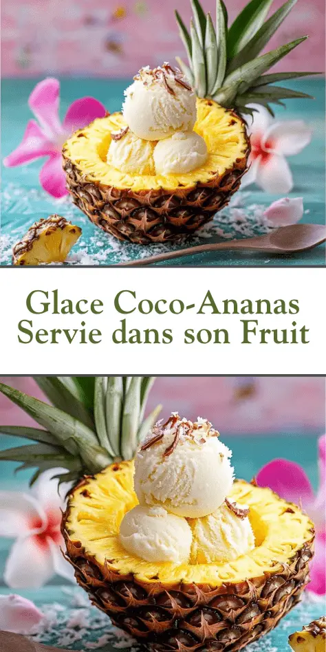 glace coco-ananas servie dans une coque d’ananas avec noix de coco râpée