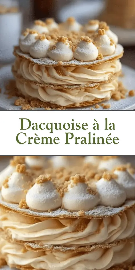 tranches de dacquoise crème pralinée avec éclats de pralin sur une assiette
