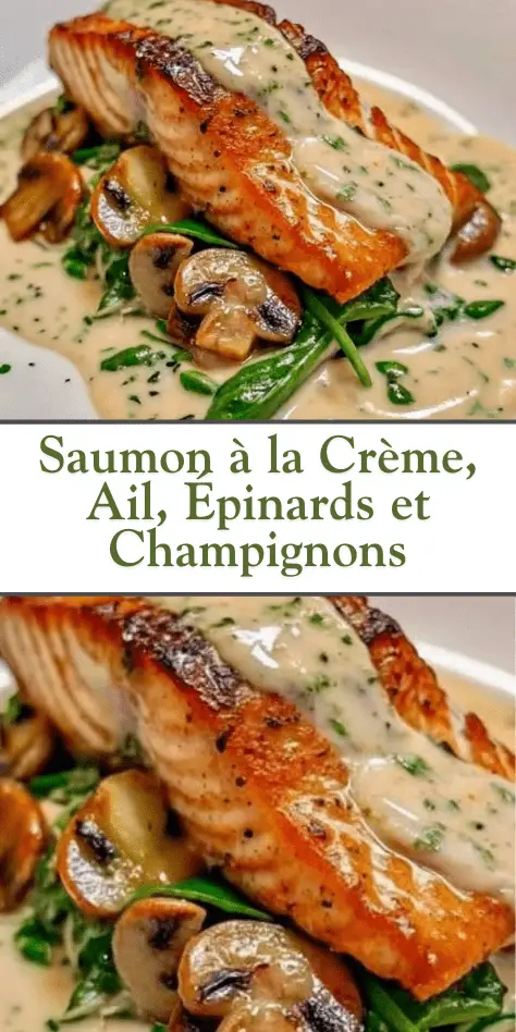 Filet de saumon nappé de sauce crémeuse aux champignons et épinards, servi chaud dans une poêle