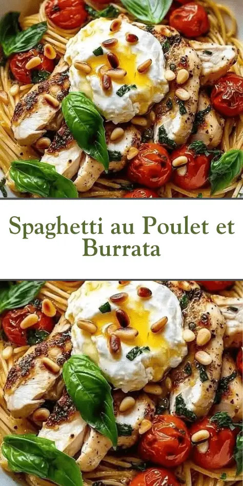 plat de spaghetti au poulet avec burrata fondante et sauce citron-ail