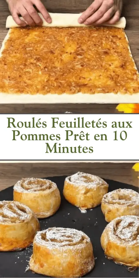Roulés feuilletés aux pommes dorés et croustillants sur une assiette en céramique, garnis de sucre glace et servis avec une cuillère de crème fraîche.
