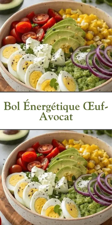 Bol énergétique composé de tranches d’œufs durs, avocat, tomates cerises, maïs, oignon rouge et feta, présenté sur une table en bois avec herbes fraîches.