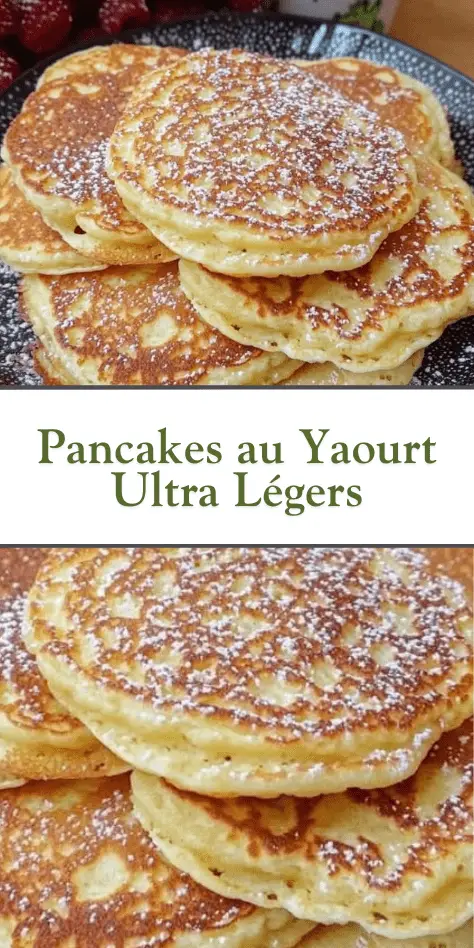 Pile de pancakes dorés au yaourt sur une assiette avec fruits rouges et sirop d’érable, posée sur une table en bois rustique.