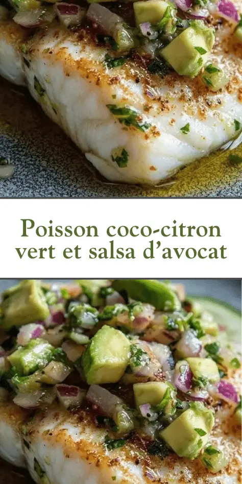 Filet de poisson blanc nappé de lait de coco au citron vert, servi avec salsa d’avocat et coriandre fraîche dans une assiette tropicale.