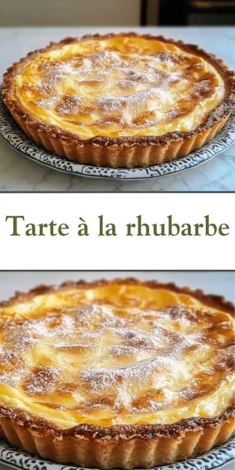 Tarte à la rhubarbe maison dorée, décorée de tiges fraîches sur fond rustique