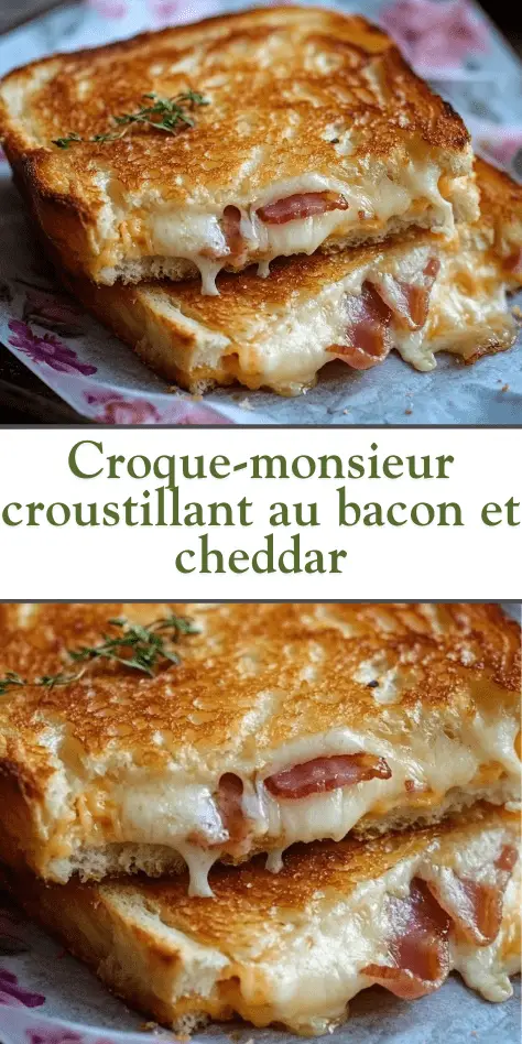 croque-monsieur croustillant au bacon & cheddar doré et fondant servi chaud avec une touche de thym frais