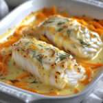 Filets de cabillaud cuits au four nappés de crème avec légumes colorés