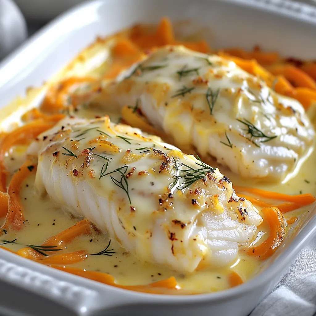 Filets de cabillaud cuits au four nappés de crème avec légumes colorés