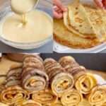 Crepas doradas rellenas con frutas, crema y chocolate sobre un plato blanco