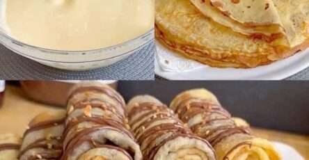 Crepas doradas rellenas con frutas, crema y chocolate sobre un plato blanco