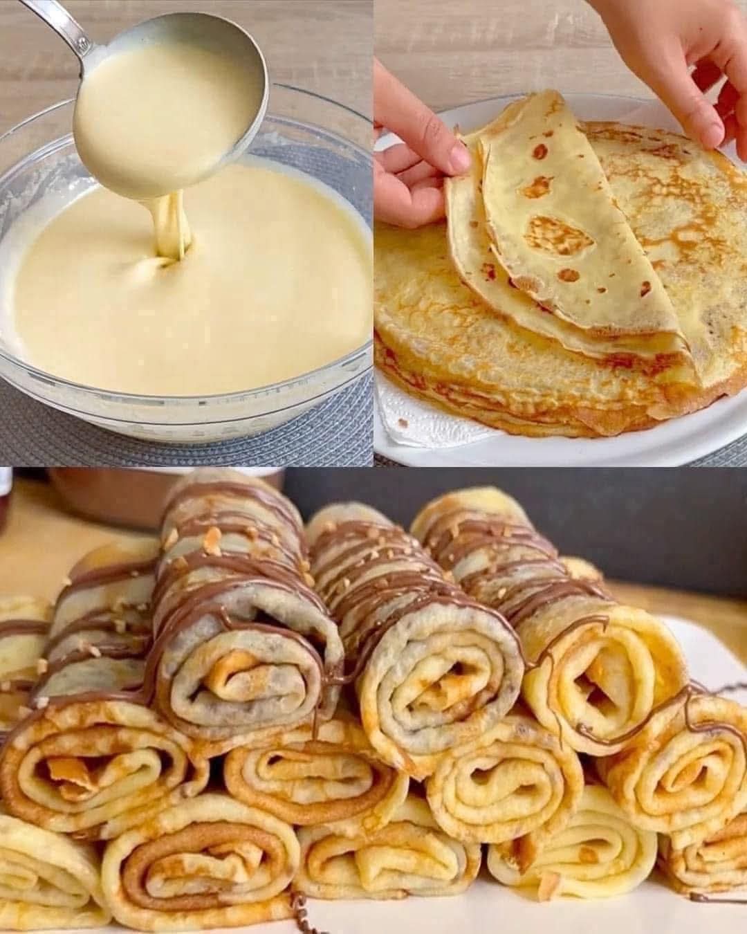 Crepas doradas rellenas con frutas, crema y chocolate sobre un plato blanco