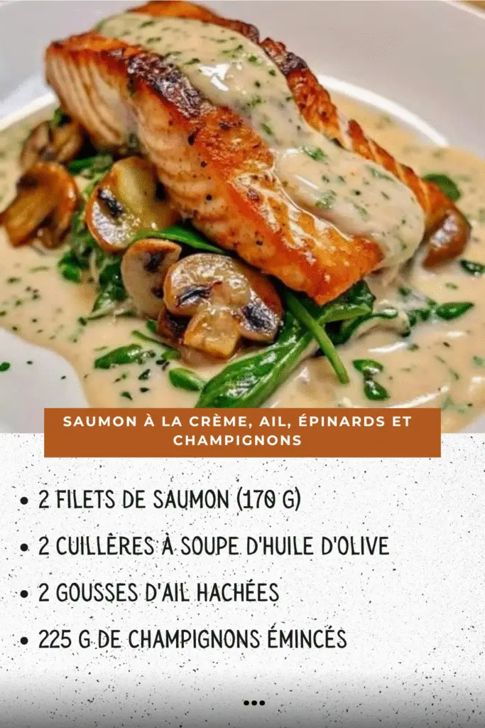 Filet de saumon nappé de sauce crémeuse aux champignons et épinards, servi chaud dans une poêle